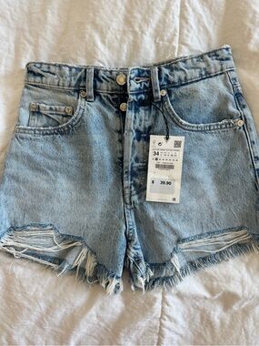 Zara Light Blue Distressed Denim Shorts
